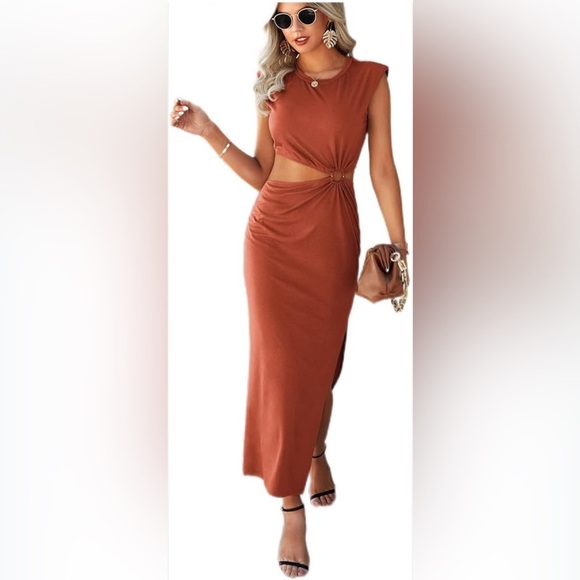 Orange Ruched gathered Front Bodycon Maxi Dress with cut outs - Picture 1 of 10